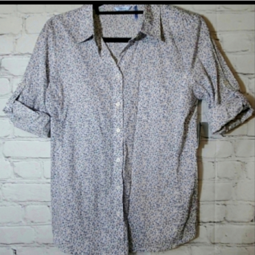 Izod Floral Star Gazer Roll Tab Short Sleeve Blouse